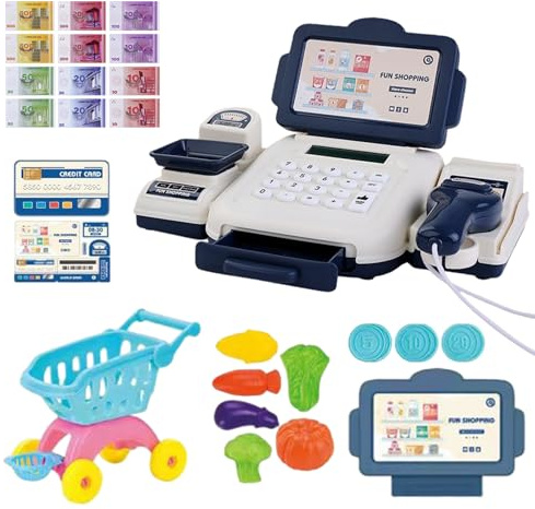 NASSMOSSE Caisse enregistreuse Jouet avec Scanner, Simulation de Caisse enregistreuse pour Enfants avec Fausse Monnaie, Calculatrice, Carte de crédit, Aliments factices, Jouets d'imitation Bleue