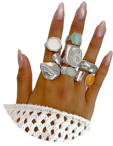 7-Piece Set of Chunky Square Silver Open Statement Rings for Women | Coloured Rhinestones Vintage Silver-Plated Stackable Adjustable Boho Chunky Big Fashion Jewelry Accessories for Female