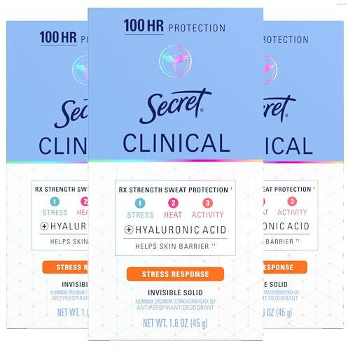 Secret Clinical Strength 100HR Sweat & Odor, Stress Response Invisible Solid Antiperspirant Deodorant for Women, 3X Stress Protection with Hyaluronic Acid, PH Balanced, 1.6 oz (Pack of 3)