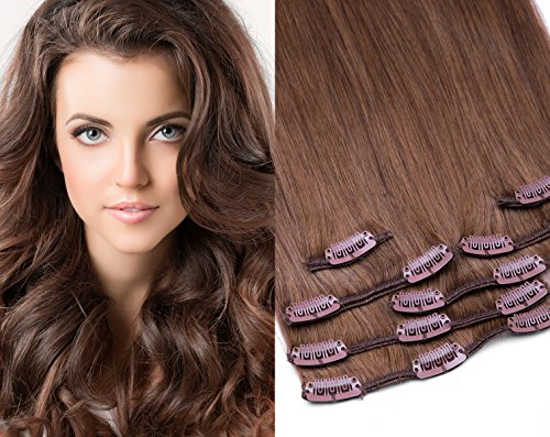 Echthaar Clip In Extensions Set 100% indisches Remy Echthaar 7 teilig / 7 Tressen hochwertige Haarverlängerung 45cm Clip-In Hair Extension Farbe (Nr. 12 Hellbraun)