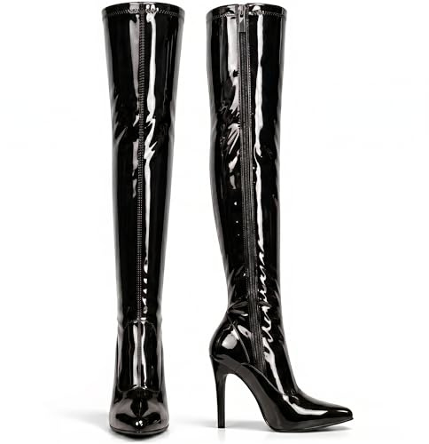 Golden Beads NEW WOMEN LADIES THIGH HIGH OVER THE KNEE HIGH HEEL STRETCH BOOTS SEXY LOOK (5 UK, Black Patent)