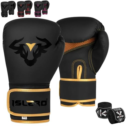 Islero EVO Fitness Guanti da boxe neri opachi da uomo, borsa da boxe da donna, rosa MMA, arti marziali Kick Boxing Sparring guanti da combattimento con impacchi per le mani (283.5 g, dorato)