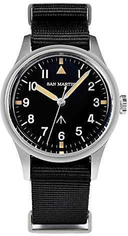 San Martin Montre pilote 36 mm VH31 pour homme Mouvement à quartz Sweep Second Series Bracelet en nylon Montre en acier inoxydable, Avec logo, montre pilote