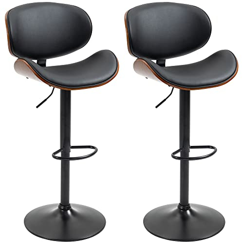 HOMCOM 2er-Set Barhocker, Höhenverstellbarer Küchenhocker, Tresenstuhl aus Kunstleder, Drehstuhl mit Fußstützen, Barstuhl für Küche, Esszimmer, Schwarz, Stahl, 53 x 52 x 92-112 cm
