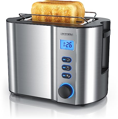 Arendo - Toaster 2 Scheiben Edelstahl mit Restzeitanzeige - 800 Watt - Doppelwandgehäuse - Integrierter Brötchenaufsatz - 6 Bräunungsgrade - kurz - Brotscheibenzentrierung – beleuchtetes LCD-Display