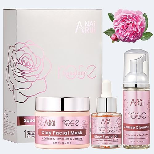 ANAiRUi Set per la cura della pelle del viso - Maschera all'argilla rosa, olio per il viso alla vitamina C, detergente schiumoso all'acqua di rose, set regalo per la festa della mamma