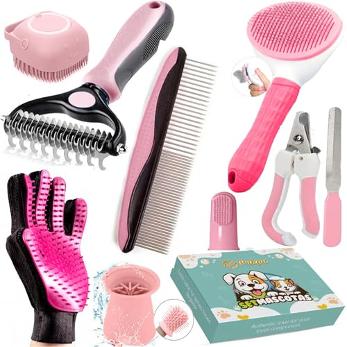 Pukpu Hundepflege Set 9-teilig Rosa – Hundehaarbürste, Katzenhandschuh, selbstreinigende Fellbürste, Pfotendusche, Hund Zahnbürste, Krallenpflege Set & Kamm