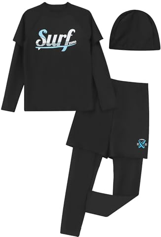 Yruioon Kids Boys 3pcs Rash Guard Set with Swim Hats Swimwear Long Sleeve Tops and Pants Sun Protection Swimsuit Black 14-15 Years