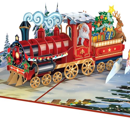 papercrush popup-kort jultåg – roligt 3D-julkort med polaruttryck, jultomte och renar – julkort med kuvert för barn, man och kvinna – gott julkort