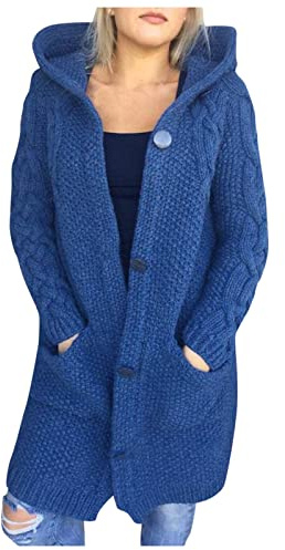 Cardigan à capuche pour femme - Long - Manches longues - Grosse maille - Pull doux - Avec poches - Manteau d'hiver chaud - Veste à capuche - Cardigan tricoté, bleu, M