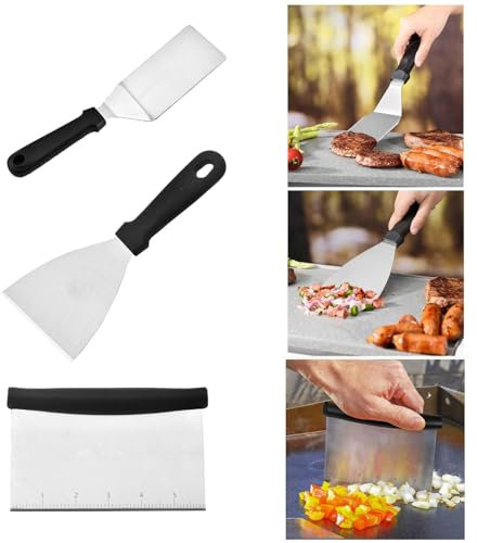 Furforstk spatule cuisine inox 3 pièces spatule plancha inox en acier inoxydable ustensiles barbecue avec poignée en plastique, accessoires barbecue pour les smash burgers, les barbecues à gaz