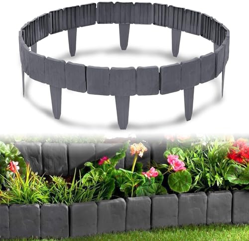Froadp 60 pezzi Bordo per prato in plastica, 15m a forma di T per contorno aiuola, 25x23 cm con aspetto pietra, palizzata per aiuola, decorativa per frutteti, sentieri, aiuole da giardino