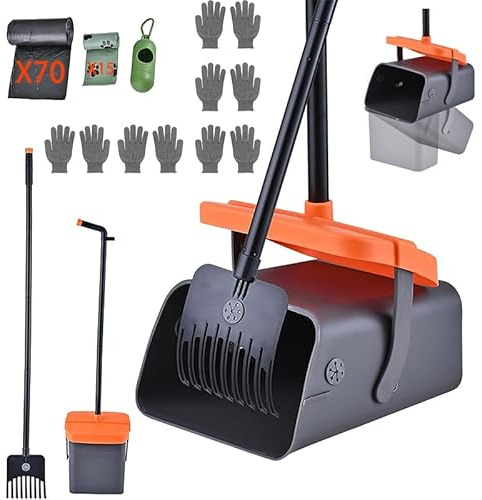 Pooper Scooper with 85 Bags & Swivel Box, 46-Inch Adjustable Long Handle and Rake, Heavy Duty Poop Scooper for Large Medium Small Dogs, Yard Lawn Kennel Waste Cleanup Tool