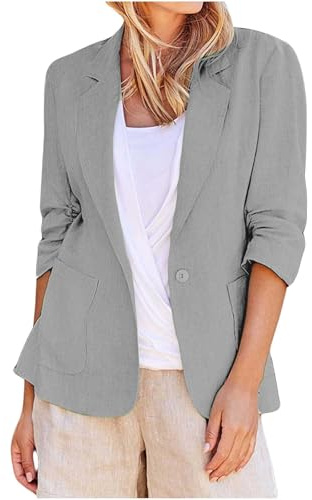 Womens Cotton Linen Blazers Plus Size 3/4 Length Sleeves Button Casual Cardigan Blouses Solid Business Casual Fall Suits Gray 5X-Large