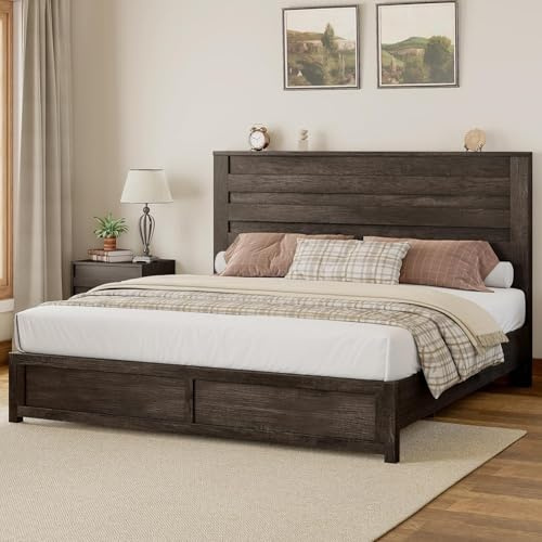 Albott King Bed Frame with 49 Farmhouse Slatted Headboard, Platform Bed with Wood Slats, No Box Spring Needed, Easy Assembly, Rustic Grey