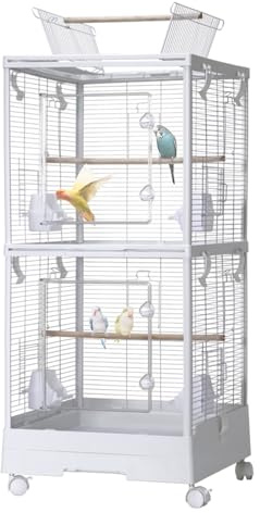 Gabbia per uccelli rimovibile a 2 ripiani, grande voliera per uccelli, 100 x 46 x 46 cm, casetta per uccelli con tettuccio giocattolo, posatoi, rotelle, vasca da pavimento, porte, paraspruzzi in
