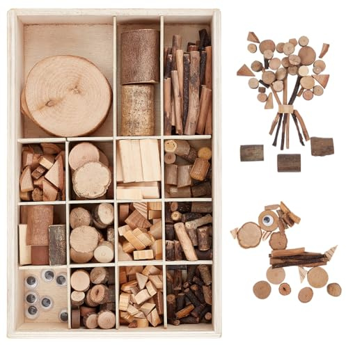 PH PandaHall Wooden Unfinished Craft Kits Natural Wood Slices Wooden Art Paint Bulk Crafts Garden Playset Loose Parts for DIY Painting Building Sorting Activities School Projects, Box 9.7x6.3x1.8 inch