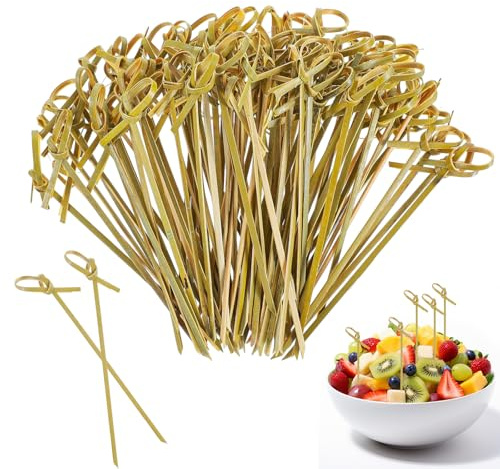 MENUY 300 Stück Holzspieße Mit Knoten – Dekorative Spieße Fingerfood Aus Bambus, Spiesse Für Snacks Fingerfood Für Cocktails, Häppchen & Antipasti（ 12 cm）