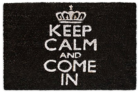 Relaxdays Felpudo “Keep Calm and Come IN”, Alfombrilla Entrada de Coco y PVC, Alfombra 40 x 60 cm Antideslizante, Negro