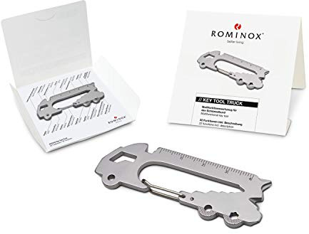 Articolo da regalo: ROMINOX - Attrezzo multifunzione a forma di camion, utilizzabile come portachiavi, 22 funzioni, in acciaio inox, con descrizione delle funzioni, da usare in viaggio o in vacanza