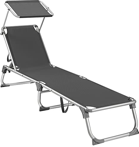 SONGMICS Bain de Soleil, Chaise Longue Pliable, Transat, 193 x 55 x 31 cm, Capacité de Charge 150 kg, avec Pare-soleil et Dossier Inclinable, pour Jardin, Piscine, Terrasse, Gris Foncé GCB19GYV1
