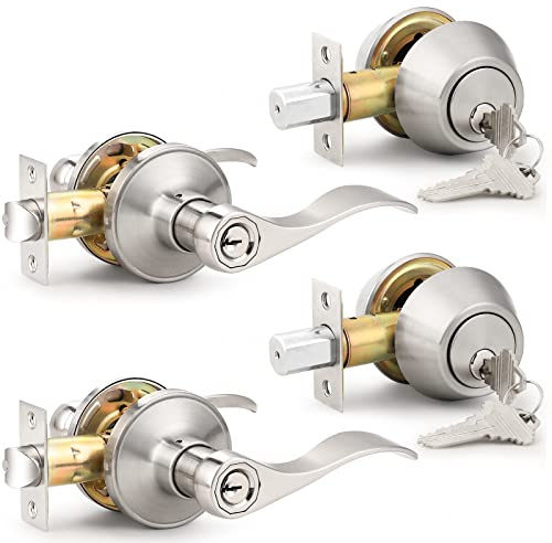 Probrico Wave Style Entry Door Handle Set with Double Cylinder Deadbolt in Satin Nickel Finish,Keyed Alike Lockset Handleset Combo Pack, Modern Hardware, Set of 2