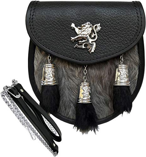 Scottish Kilt Semi Dress Grey Goat Sporran with Rampant Lion & Tassels Caps