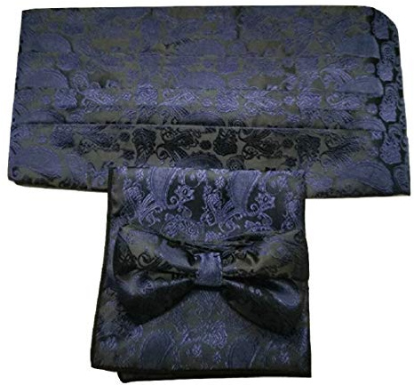 L&L® 3 Pcs Satin Paisley Matching Cummerbund + Bow Tie + Pocket Square Set (Navy)