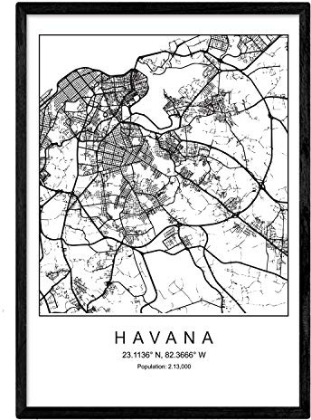Nacnic Lámina Mapa de la Ciudad Havana Estilo nordico en Blanco y Negro. Poster tamaño A3 Sin Marco Impreso Papel 250 gr. Cuadros, láminas y Posters para Salon y Dormitorio