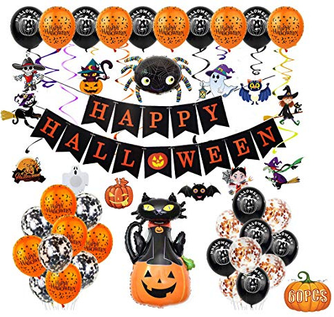 Fontee® 60er Halloween Party Deko Set: Luftballons, Banner, Spinne, Fledermaus, Hexe, Kürbis, Ghost - Folienballon & Latex Ballon für Halloween Bar Wohnaccessoires
