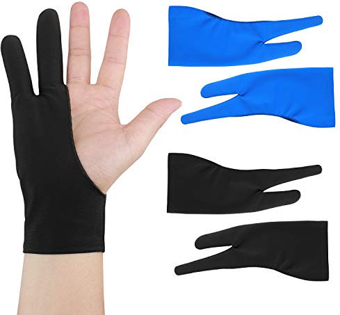 Artist Drawing Tablet Gloves Two Finger Graphics Painting Anti-Fouling Free Size Glove Creative Both Right and Left Hand Reduce Friction Smudge 4 Pack Black Blue