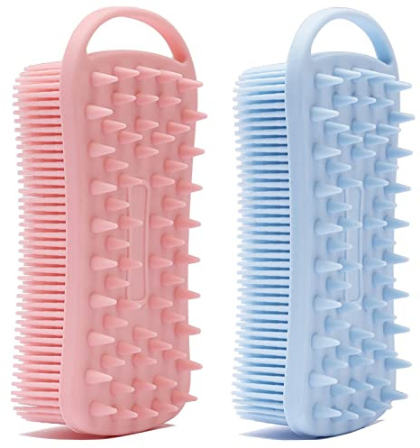 2 PC Silicone Exfoliating Body Scrubber, 2 in 1 Silicone Body Shampoo Brush, Soft Silicone Loofah for Sensitive Skin, Shower Silicone Hair Scalp Massager, Easy to Clean, Lather Well (Pink&Blue)