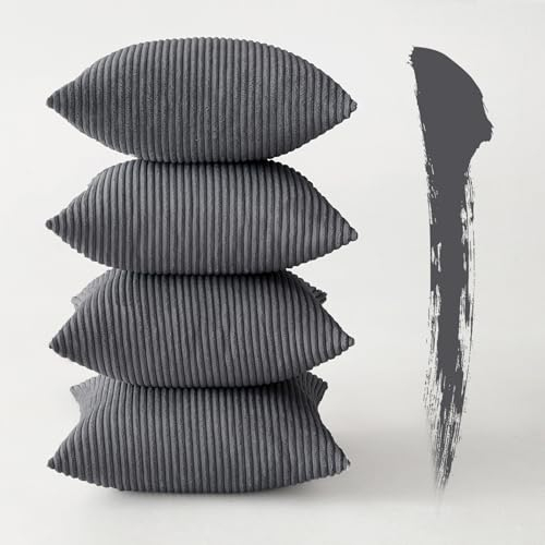 MIULEE 4er Set Kissenbezüge Kord Kissenhülle Dekorative Kissenbezug Sofakissen Couchkissen Dekokissen Zierkissenbezug Deko Kissenhülle mit Verstecktem Reißverschluss 45x45cm 18x18in Dunkelgrau