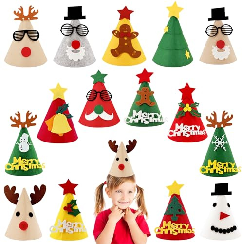 COSORO 15 Stück Partyhüte für Weihnachten Knallbonbons Erwachsene Kinder,Lustig Kegel Hüte Filzhüte Wiederverwendbare Partyhüte für Weihnachten Dekoration Holiday Christmas Crackers Party Hats