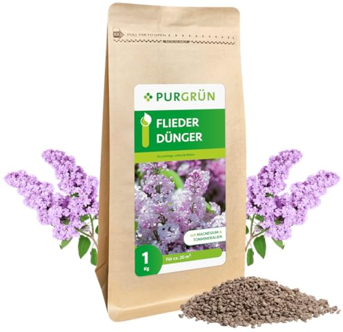 Purgrün® Fliederdünger 1 kg – Organisch-mineralische Rezeptur – Feinkörniges Krümelgranulat – NPK 5+4+6 – Extra Magnesium für leuchtende Blüten – Verbessert die Bodenqualität
