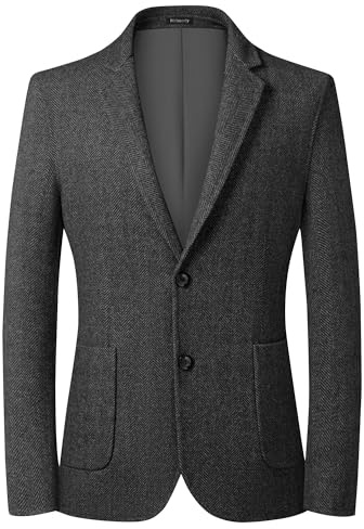 Mrbuerly Mens Herringbone Blazer Grey British Wool Blend Suit Jacket 2 Button Casual Sport Coat Winter Wedding Groomsmen Prom Jackets L