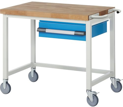 eurokraft | Fahrbare Werkbank Serie 8000 | Gestellbauweise | 1 Hängeschublade | BxT 1000 x 700 mm