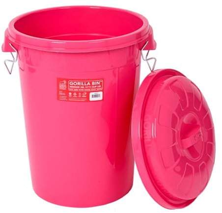 Red Gorilla Bin 50 Litre with Clip Lid Pink Stackable Storage Plastic Lightweight Weather Resistant Frost Proof for Indoor Outdoor Waterproof Waste Bin for Garden Garage Kitchen Home Recycling