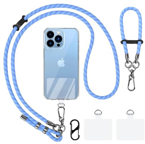 AULEEP 2 Stück Handy Band Handykette Universal zum Umhängen, Verstellbar 8mm Dickes Seil Umhänge-Handyband + Handy Kette Handgelenk, Handschlaufe mit Lanyard-Patch zum alle Smartphones (Blau)