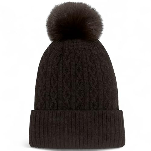 MIJOMA Bonnet d'hiver unisexe avec pompon en fourrure synthétique - Bonnet chaud en tricot torsadé doux - Idéal pour homme et femme, Noir , taille unique