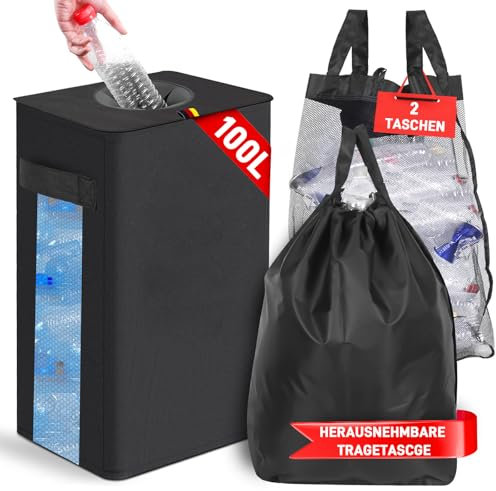 BestLink Pfandflaschen Sammelbehälter mit Sichtfenster 100L, Groß Pfandflaschen Behälter, Leergut Sammelbehälter Flaschensammler mit 2 Innentaschen, Wasserabweisend Pfandflaschen Aufbewahrung