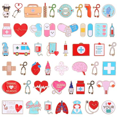50Pcs Nurse Pins, Cute Enamel Medical Brooch for Badge, Stethoscope Hearts Bandages Pins for Nurses' Day Gifts for Decor Clothes and Bags