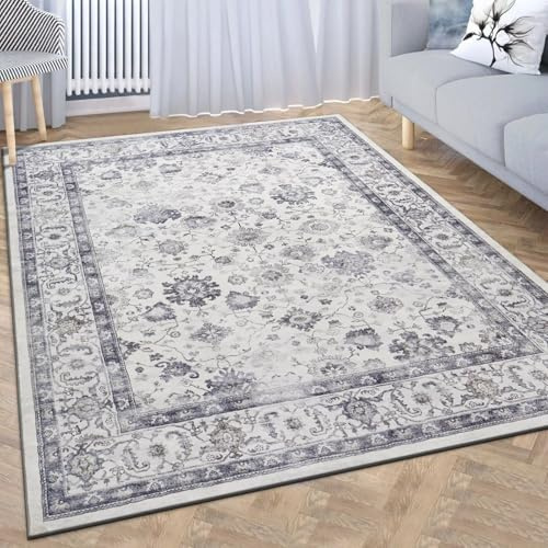 Imperial Rooms Rugs Living Room Large 240x320cm Washable Boho Rug for Bedroom – Short Pile Vintage Grey Area Rugs Easy to Clean Kids Room Carpets – Traditional Design Non Slip Rug for Lounge (Serene)