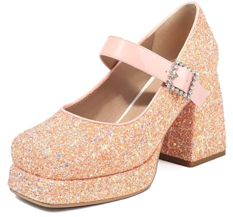 HSyc JRX damer glitterpumps med platåblockklack höga klackar Mary Jane bröllopsskor, ROSA, 40 EU