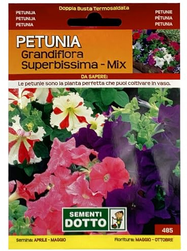 Sicignano | Semi Petunia Grandiflora Superbissima in Miscuglio Mix, Pianta a Foglie Ovate, Fiori Annuali Durano a Lungo, Busta Extra - 6 Confezioni da 0.02g, Pianta da Vaso, Adatta a Pieno Sole