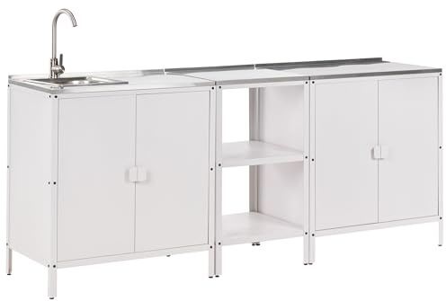 Beliani Set di Cucina da Esterno Composto 3 Elementi in Acciaio Bianco 2 armadietti con lavello