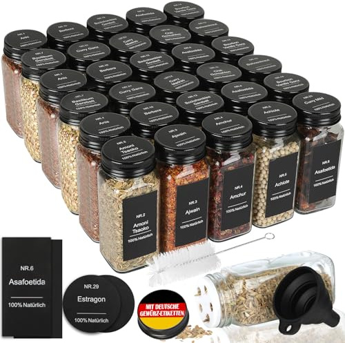 30er Set Gewürzgläser Eckig mit Streueinsatz - mit 324 Deutsch Wasserfeste Label - 120ml Luftdichte Gewürzgläser Schwarz - Gewürzstreuer Glas Organizer - Gewürzbehälter Spice Jars - Gewürzdosen Set