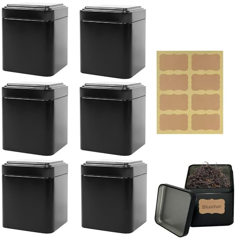 Caldamn Lata de té rectangular clásica 6 unidades para té suelto con 6 etiquetas adhesivas 7 x 7 x 8,5 cm lata de metal caja de té hermética almacenamiento de té suelto también adecuado para café o