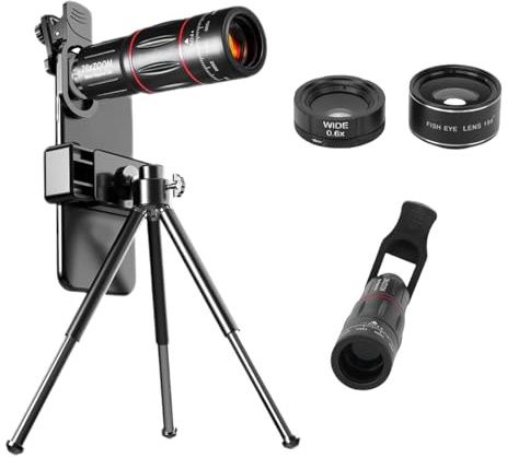 Plyisty Telefonkameraobjektivsats, 28X Teleskopobjektiv 198° Fisheye 0,6X Vidvinkel 20X Makroobjektiv med Klämstativ för Fotografering på Resor och Konserter