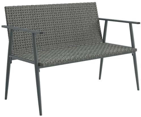 Outsunny Banc de Jardin 2 Places en Résine Tressée avec Accoudoirs Gris